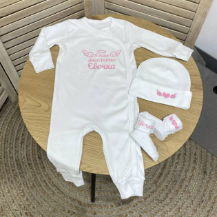 Хрестильний набір для дівчинки "Я ваше янголятко" рожевий напис зі сліпом