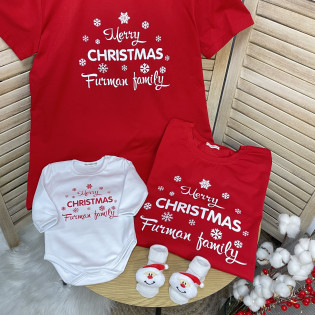 Іменний різдвяний набір футболок та боді для сім'ї з написом "Marry Christmas"