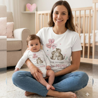 Комплект для мами і дитини (футболка + боді) “Наш перший День Мами” котики Комплект для мами і дитини (футболка + боді) “Наш перший День Мами” котики