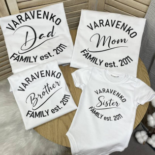 Именной комплект семейных футболок с датой и фамилией прописной шрифт