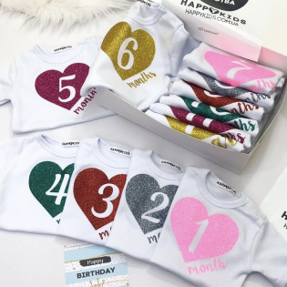 Набір 12 боді для фото по місяцях серце гліттер цифра