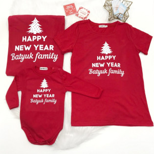 Набор семейных новогодних футболок "Happy New year" family именной красный
