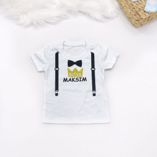 Футболка "BOSS" з ім'ям, метеликом, підтяжками та короною гліттер