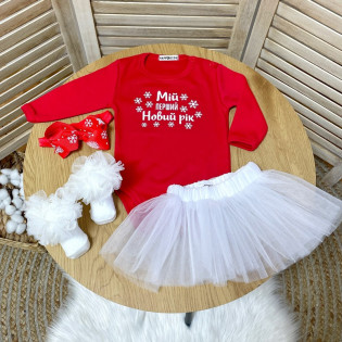 Комплект новорічний дівчинці "Мій перший новий рік" червоний зі сніжинками