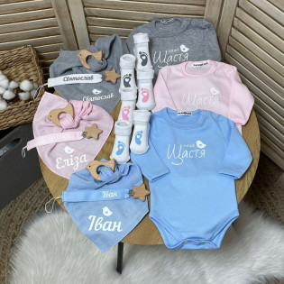 Набор новорожденному с боди именной держатель, грызунок, носочки