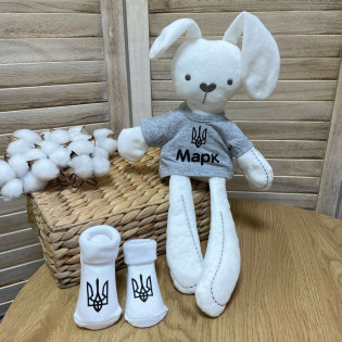Подарунковий набір хлопчику - іграшка зайчиком і носочки
