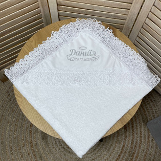 Крыжма махровая кружевная с именем и датой крестин