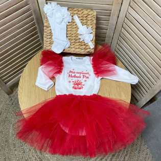 Комплект з пишнею сукнею новорічний для дівчинки "Перший новий рік" дзвоники