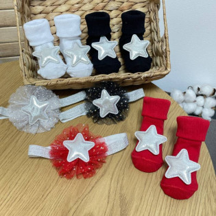 Комплект повязка и носки блестящая звездочка для новорожденной